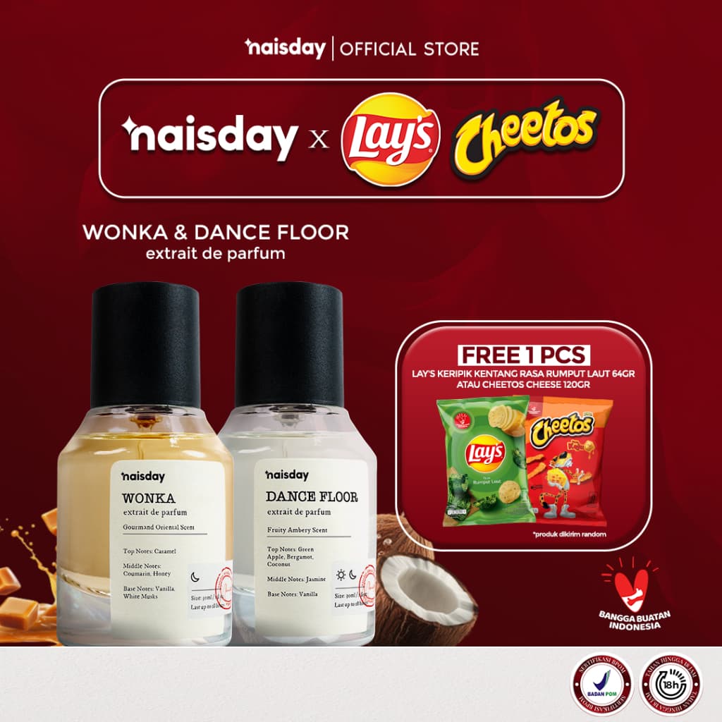 NAISDAY X LAYS & CHEETOS - Special Bundling Naisday Extrait de Parfum 30ml Free Lays Rasa Rumput Laut 64 gr ATAU Cheetos Cheese 120gr