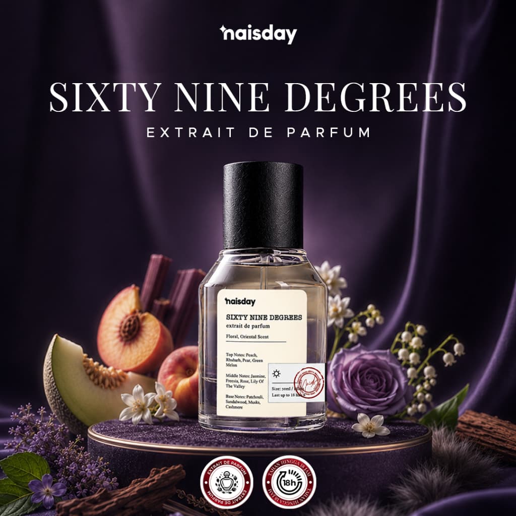 NAISDAY Sixty Nine Degrees Parfum Tahan Lama – Extrait de Parfume Floral Peach Cocok Untuk Pria 30ml